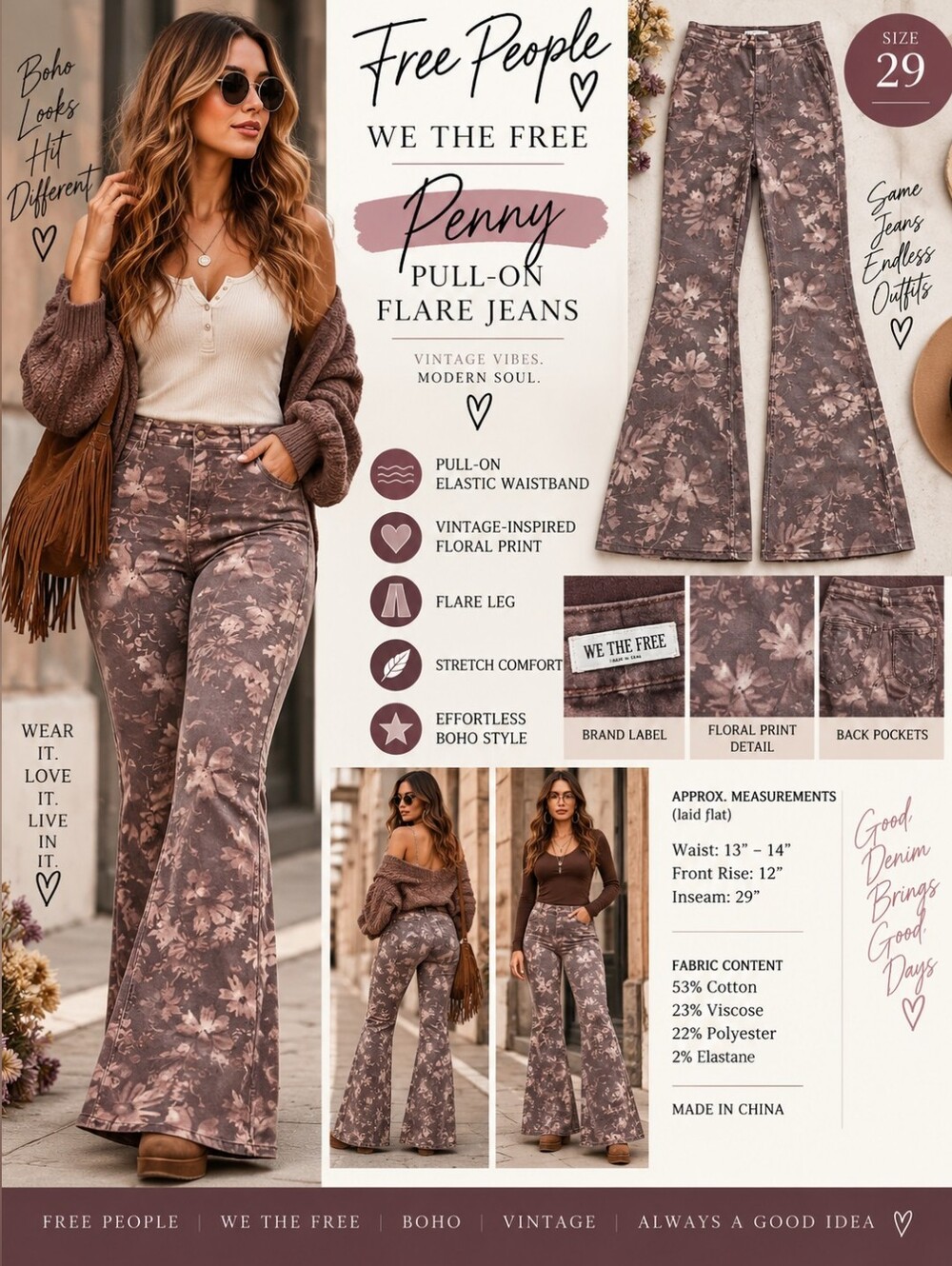 Free People We The Free Penny Floral Flare Jeans Sz 29 Boho Y2K